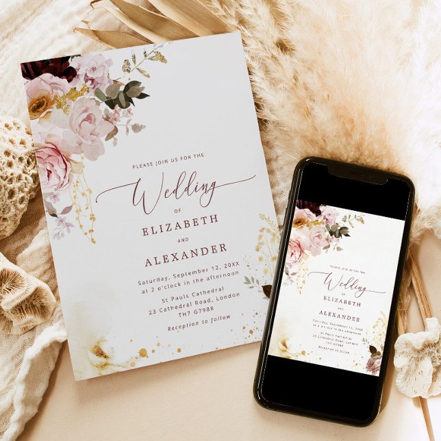 Chute d'or Bourgogne élégante invitation mariage (Créateur téléchargé)