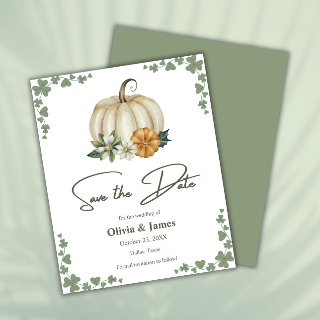 Chute en amour Sage mariage vert Enregistrer la ca (Budget Fall in Love Pumpkin Greenery Sage Green Wedding Save The Date Card )