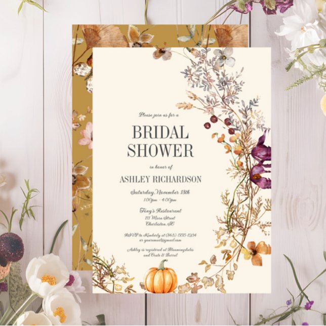 Chute Floral Boho Bridal Showée Invitation (Fall Floral Pumpkin Bridal Shower Invitation, Ivory, Wildflowers, Purple, Yellow)
