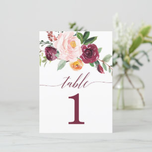 Chute floral bordeaux roux numéros de table rose