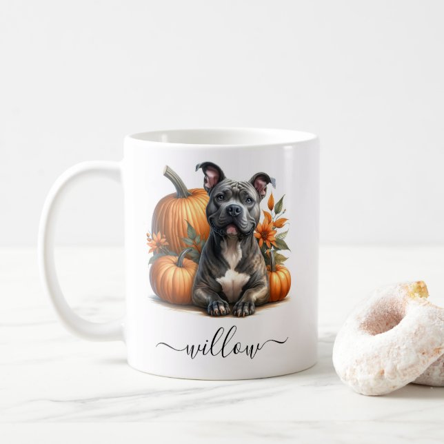 Chute Pitbull Chien Mug avec nom personnalisé (Avec donut)