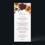 Chute Sunflower Roses Bourgogne Rouge Mariage Menu<br><div class="desc">Tournesol d'automne et Rose Watercolor Mariage Menu : Ce menu mariage d'automne/automne présente des tournesols aquarelles et des fleurs bordeaux avec verdure. Le dos tient vos initiales dans un cadre rustique tournesol et rose.Vous pouvez ajouter du texte à l'arrière en cliquant sur "customiser plus loin".</div>