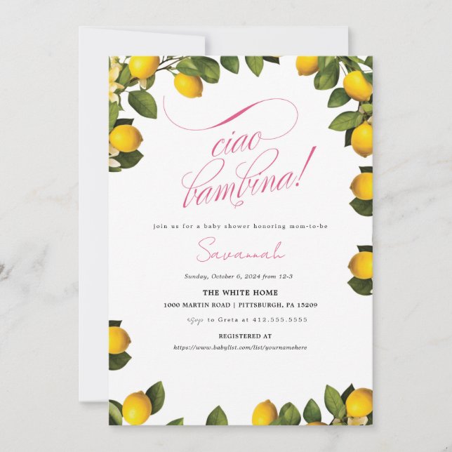 Ciao Bambina Lemons Baby Girl Shower Invitation (Devant)