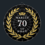 Cible De Fléchettes 70 Alors, quel drôle Laurel Wreath Crown 70e anniv<br><div class="desc">70 Alors, ce drôle Laurel Wreath Crown 70th Birthday Cible de flechettes. Une citation amusante I`m 70 alors que dans les polices modernes en gras. La conception a une couronne de laurier autour des mots et une couronne au-dessus du nom personnalisé. Ajoutez votre nom. Un cadeau parfait pour un homme...</div>