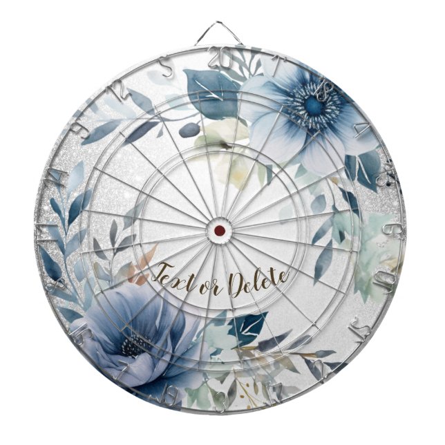Cible De Fléchettes Aquarelle bleu foncé Fleurs Argent Élégant (Devant)