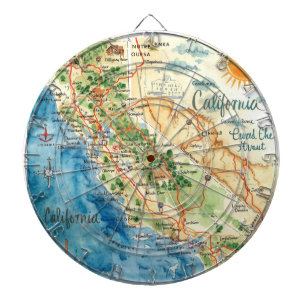 Cible De Fléchettes Art de carte de voyage de Californie à l'aquarelle