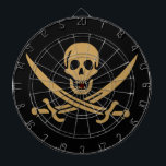 Cible De Fléchettes Aztec Gold Crâne et cutlass Pirate Calico Jack<br><div class="desc">Un faible crâne grondait à travers les vagues, non pas de la tempête qui brasse à l'horizon, mais de la gorge du capitaine Jack. Ses yeux sombres, généralement rayonnants de mauvais goût, brillaient d'un étincelle tandis qu'il inspectait le navire qui approchait. La "Revenge", son sloop, s'est légèrement inclinée dans l'eau...</div>