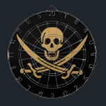 Cible De Fléchettes Aztec Gold Crâne et cutlass Pirate Calico Jack<br><div class="desc">Un faible crâne grondait à travers les vagues, non pas de la tempête qui brasse à l'horizon, mais de la gorge du capitaine Jack. Ses yeux sombres, généralement rayonnants de mauvais goût, brillaient d'un étincelle tandis qu'il inspectait le navire qui approchait. La "Revenge", son sloop, s'est légèrement inclinée dans l'eau...</div>