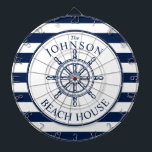 Cible De Fléchettes Bateau à roue Nautical Theme Beach House<br><div class="desc">Un jeu de fléchettes entièrement personnalisable et amusant avec un thème nautique unique. Il dispose d'une roue de navire centrée au milieu d'une marine dynamique et de couleurs blanches. Tous les éléments sont déverrouillables et réglables si vous devez apporter des modifications. Amusez-vous à être créatif et à en faire votre...</div>