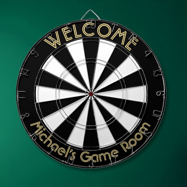 Cible De Fléchettes Black White Gold Man Cave Pub Jeu Dortoir de nuit  (Black White Gold Man Cave Pub Game Night Dorm Room Dart Board)