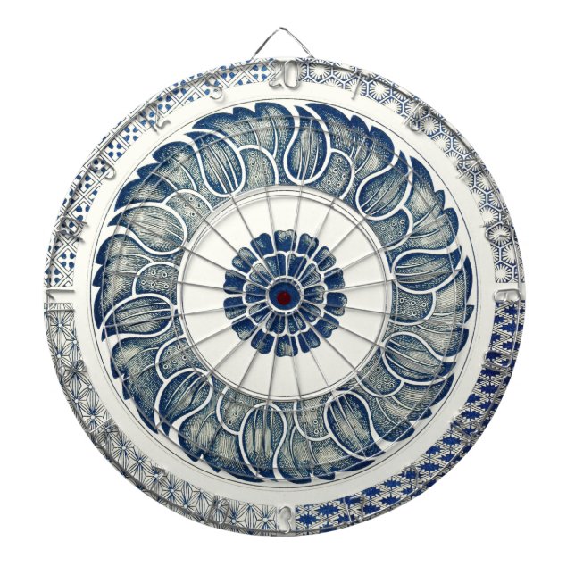 Cible De Fléchettes Blanc bleu Floral chinois rond (Devant)