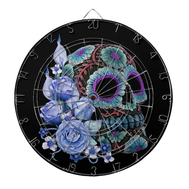 Cible De Fléchettes Blue Floral Black Sugar Skull Jour des morts (Devant)