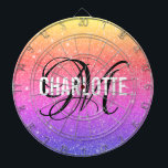 Cible De Fléchettes Carte de nom monogramme de la parties scintillant<br><div class="desc">Tableau de fléchettes de parties scintillant arc-en-ciel moderne avec un nom de typographie blanche et monogramme noir. Personnalisez avec le nom et l'initiale.</div>