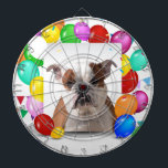 Cible De Fléchettes Chien de taureau avec des ballons colorés Thème d'<br><div class="desc">Une jolie photo de chien Bulldog avec des ballons colorés en arrière - plan. Un design parfait pour les fêtes d'anniversaire et la célébration.</div>