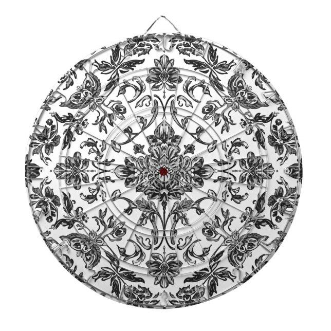 Cible De Fléchettes Chinoiserie florale aquarelle noir et blanc (Devant)