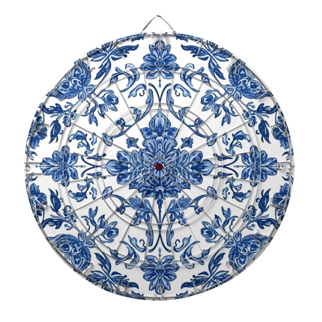 Cible De Fléchettes Chinoiserie Florale Bleue Aquarelle Blanche (Devant)