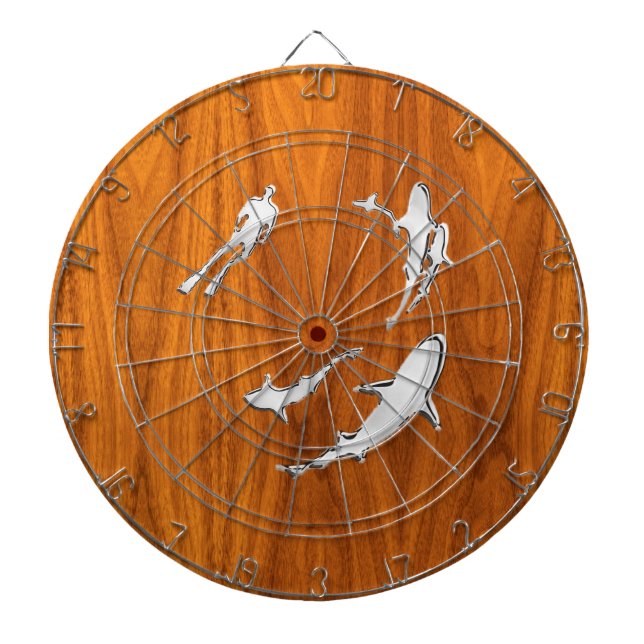 Cible De Fléchettes Chrome style Diver with Sharks on Teak Veneer (Devant)