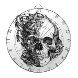 Cible De Fléchettes Crâne rose tiré par la main en noir et blanc.