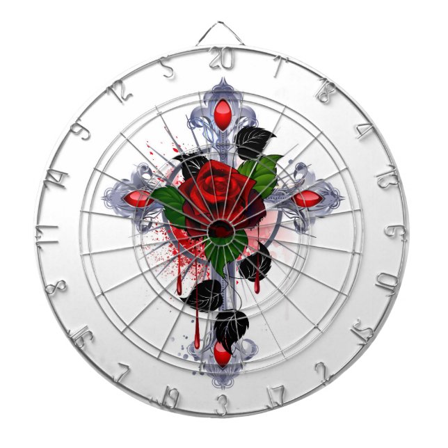 Cible De Fléchettes Croix d'argent avec une rose rouge (Devant)