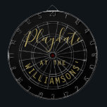 Cible De Fléchettes Custom Name Black Gold Playdate Script Minimalist<br><div class="desc">Personalized dartboard with a family name for example. Simple minimalist minimal design with the customizable phrase quote saying Playdate at the family name. Premium neutral black and gold look with a combination of trendy handwriting script calligraphy and a modern clean sans serif font typography. Playing darts game at family and...</div>