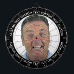 Cible De Fléchettes Custom Photo Dartboard & Text - BLACK Surround<br><div class="desc">Custom Photo Dartboard template with personalized text and BLACK round photo framing surround (other color surrounds available in store). Your face on a dartboard. One click personalize upper and lower text plus replace image, or full customization via Edit Screen. Regulation size with metal frame and 6 brass darts (Stars and...</div>
