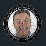 Cible De Fléchettes Custom Photo Dartboard & Text - BLACK Surround<br><div class="desc">Custom Photo Dartboard template with personalized text and BLACK round photo framing surround (other color surrounds available in store). Your face on a dartboard. One click personalize upper and lower text plus replace image, or full customization via Edit Screen. Regulation size with metal frame and 6 brass darts (Stars and...</div>