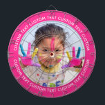 Cible De Fléchettes Custom Photo Dartboard & Text - PINK Surround<br><div class="desc">Custom Photo Dartboard template with personalized text and STRAWBERRY PINK FF2F92 round photo framing surround (other color surrounds available in store). Your face on a dartboard. One click personalize upper and lower text plus replace image, or full customization via Edit Screen. Regulation size with metal frame and 6 brass darts...</div>