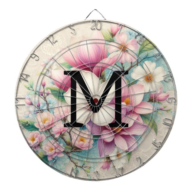 Cible De Fléchettes Dentelle monogramme fleurs de magnolias rose viole (Devant)