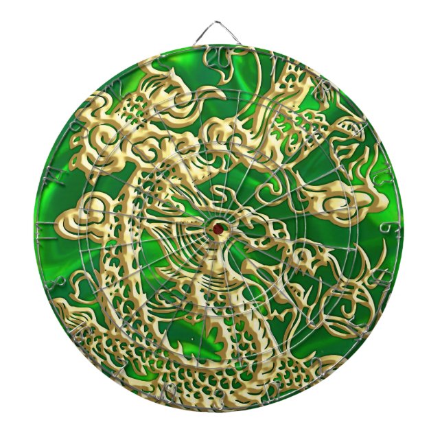Cible De Fléchettes Dragon en or embouti sur satin vert (Devant)