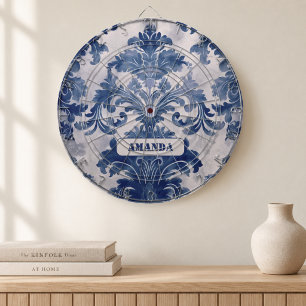 Cible De Fléchettes Élégant damas bleu toile de jouy monogramme