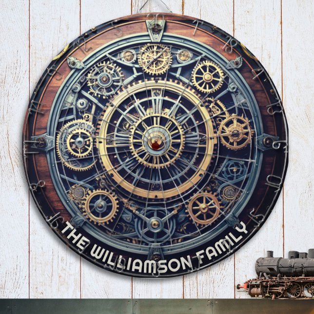 Cible De Fléchettes Engrenages esthétiques Steampunk personnalisés Nom (A personalized Steampunk dart board, with design of cogs and gears with a retro industrial effect)