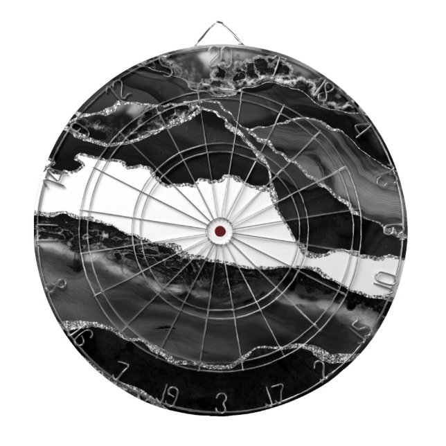 Cible De Fléchettes Fausse Agate Marbrée Noir Blanc Pierre Moderne Ten (Devant)