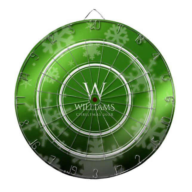 Cible De Fléchettes Festif Green Foil Snowflakes Nom du monogramme (Devant)
