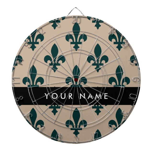Cible De Fléchettes Fleur de Lis, Vert sur Beige, Royal, Votre Nom (Devant)