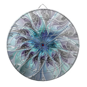 Cible De Fléchettes Fleur fractale moderne abstraite avec du bleu