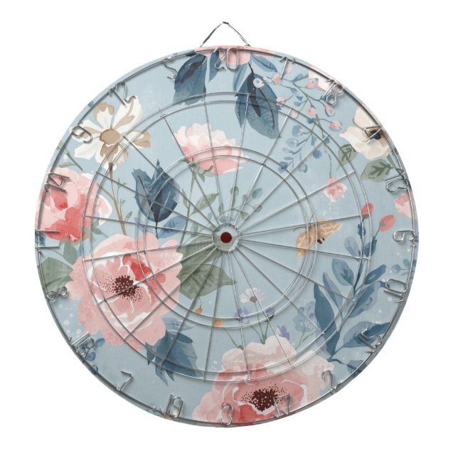 Cible De Fléchettes Fleurs de jardin aquarelles bleues poussiéreuses r (Devant)