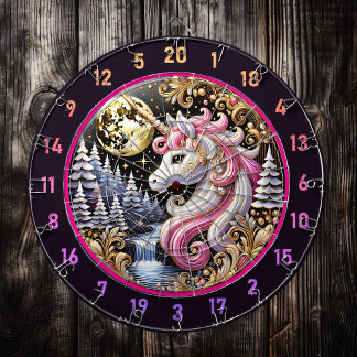 Cible De Fléchettes La licorne rose magique se tient au clair de lune