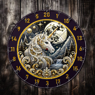 Cible De Fléchettes La Lune d'or souligne la grâce de la licorne blanc