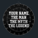 Cible De Fléchettes Le mythe de l'homme légende drôle de tableau noir<br><div class="desc">Le mythe de l'homme légende drôle de tableau de fléchettes cadeau pour les gars. Ajoutez votre propre nom personnalisé. Modèle design typographique audacieux. Cool dart board jeu pour papa, mari, père, oncle, grand-père, frère, petit ami, meilleur ami, enseignant, entraîneur sportif, collègue, patron, employé de bureau, fils etc. Amusement divertissement pour...</div>