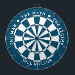 Cible De Fléchettes "L'homme, le mythe, la légende" | Océan bleu<br><div class="desc">Super cadeau pour les gars. Tableau de bord 2 couleurs (couleurs personnalisables) avec le texte courbé en haut : "LE MYTHE" "L'HOMME" "LA LÉGENDE" séparés par des symboles de losange. Texte incurvé en bas pour le nom du destinataire. Si vous avez besoin d'aide pour cette conception, envoyez-moi un courriel à...</div>