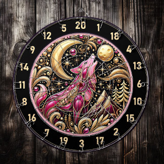 Cible De Fléchettes Loup Rose hurle sous la lune d'or