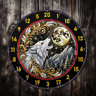Cible De Fléchettes Lune d'or illumine le loup blanc solitaire