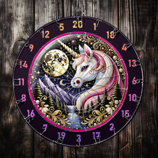 Cible De Fléchettes Lune d'or illumine l'élégance de la licorne rose