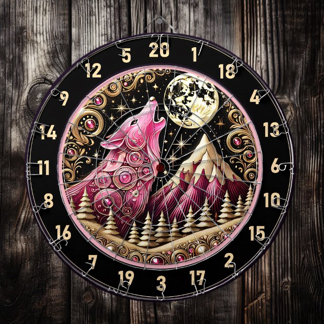 Cible De Fléchettes Lune dorée embrassant l'élégance du loup rose (Créateur téléchargé)