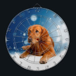 Cible De Fléchettes Mignonne Golden Retriever Chien assis dans les éto<br><div class="desc">Un chien Golden Retriever mignon assis dans la neige avec le ciel bleu et les étoiles.</div>