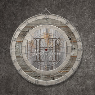 Cible De Fléchettes Monogramme de ton en bois gris rustique