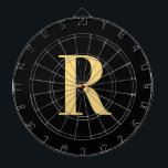 Cible De Fléchettes Monogramme moderne Noir Or<br><div class="desc">Il s'agit d'un monogramme simple, moderne et personnalisé. Ce design élégant est en noir et or tendance avec typographie stylisée. Il est parfait pour un cadeau personnalisé ou idéal comme un nouvel ajout élégant à votre équipement de salle de jeux. Ajoutez simplement votre lettre initiale en la tapant dans la...</div>