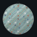 Cible de flechettes Motif d'avion rétro<br><div class="desc">Attachez votre ceinture de sécurité. Cette Cible de flechettes de Motif d'avion Retro est prête pour le décollage. Le design comprend des lignes rouges, bleues royales et blanches, des avions modernes du milieu du siècle volant à travers un arrière - plan bleu acier. Des rayures fines d'orange, de vert citron...</div>