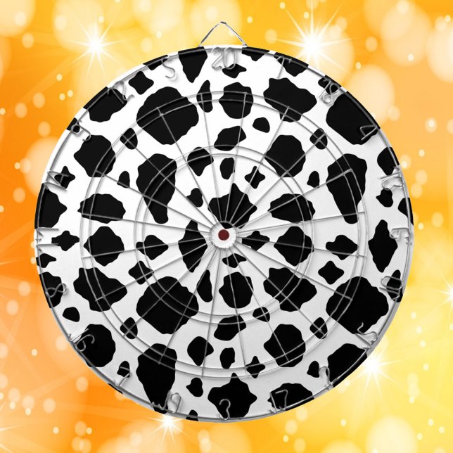 Cible De Fléchettes Motif Impression Vache Noir et Blanc Fermette (A dartboard with a black and white cow pattern)