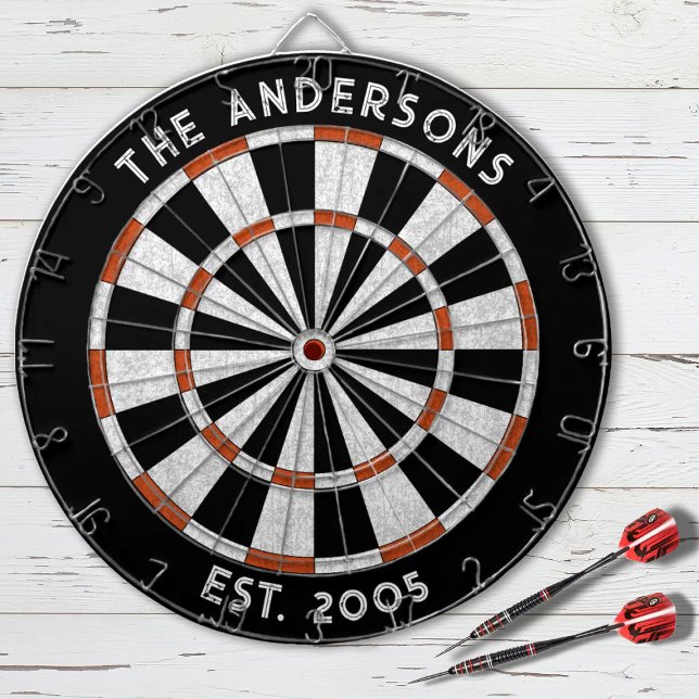 Cible De Fléchettes Nom de famille personnalisé Tableau noir blanc rus (A cool black and red, name and established date dart board. Personalize it for your game room.
)
